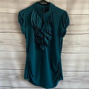 HeartSoul Short Puff Sleeve Ruffle Front V-Neck Blouse